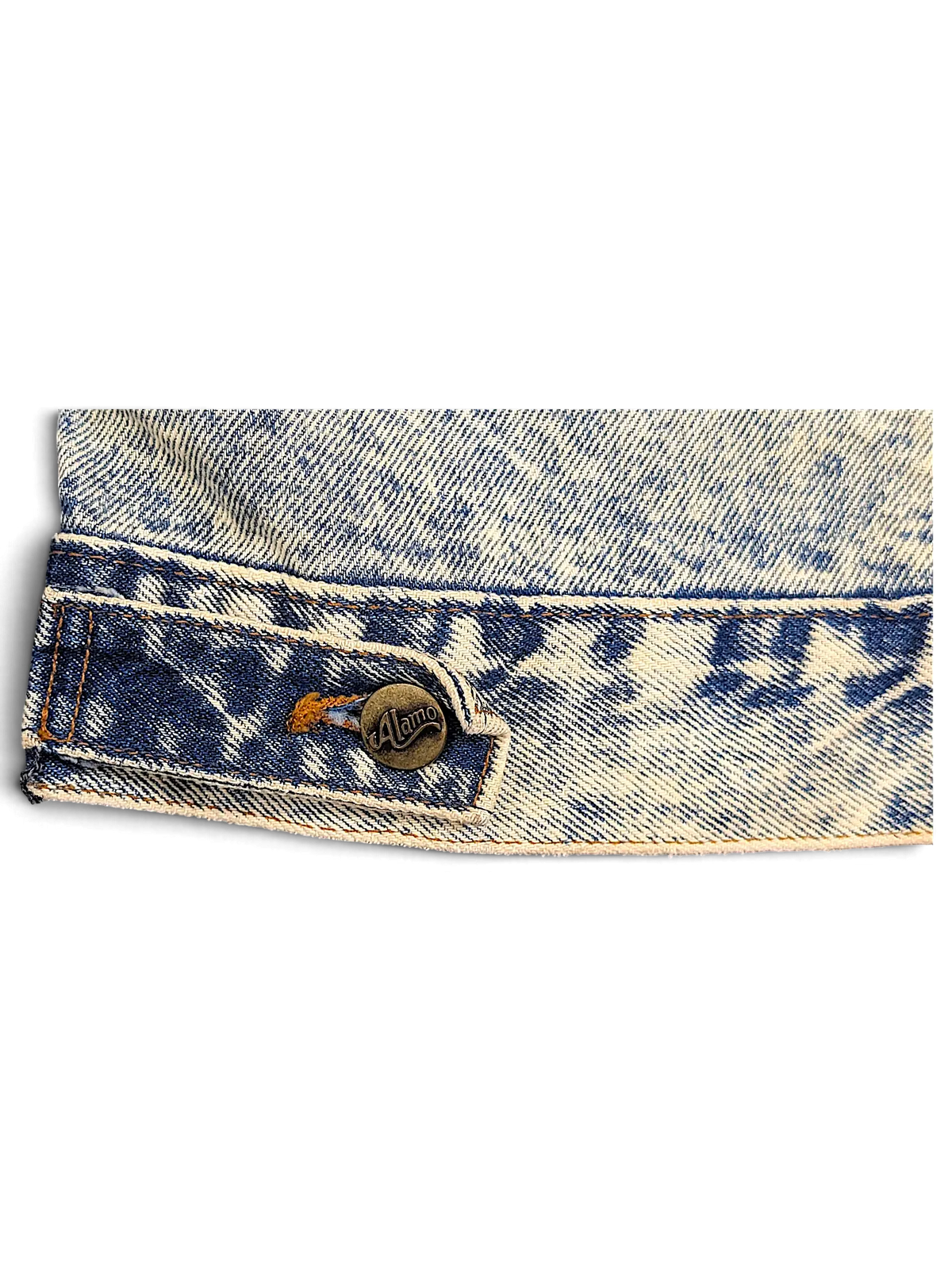JAKE & IPI Alamo Boogies Diner denim jacket featuring acid wash blue fabric and a branded metal button detail
