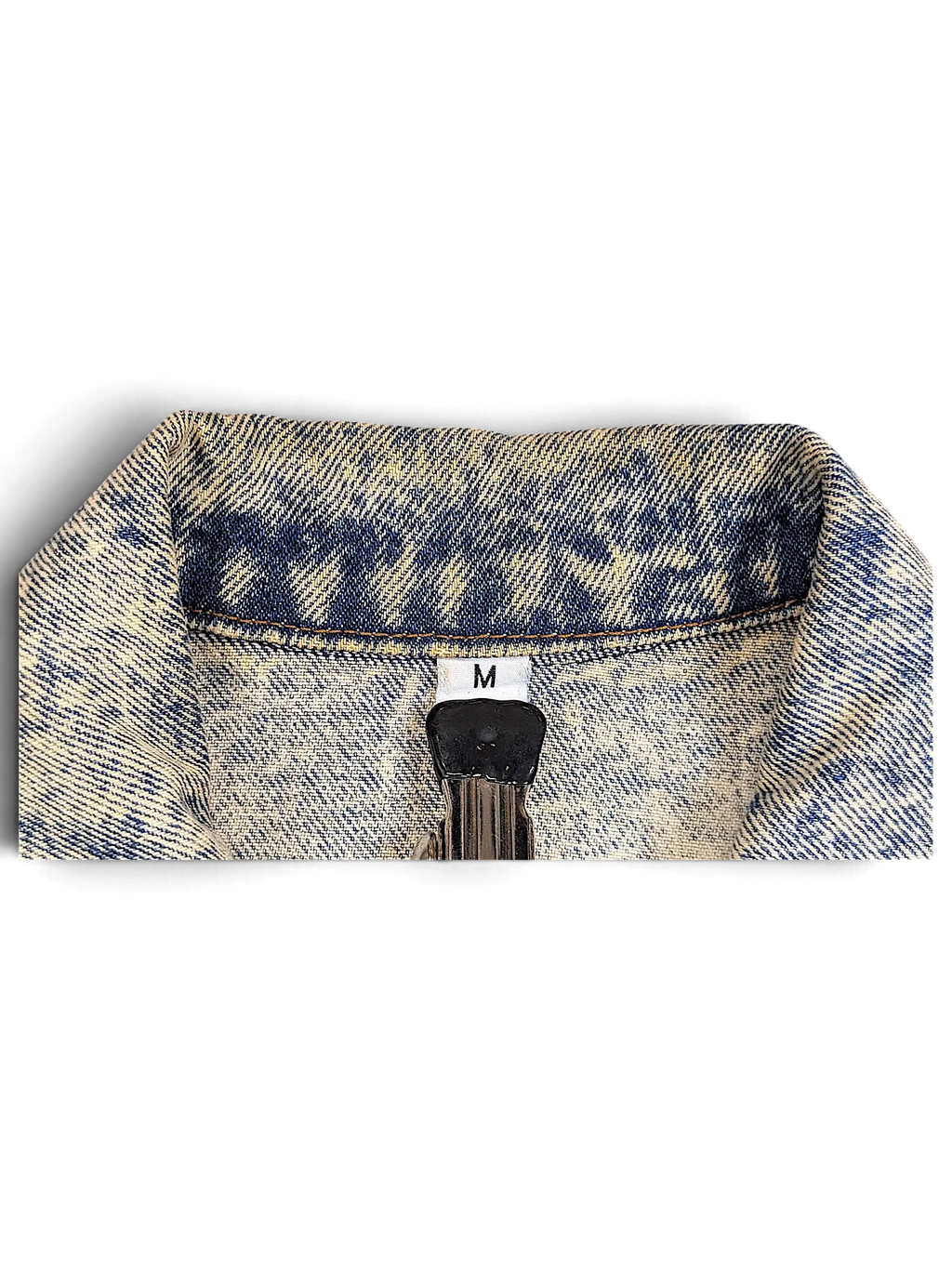 JAKE & IPI Alamo Boogies Diner denim jacket collar featuring a vintage acid wash blue and cream pattern