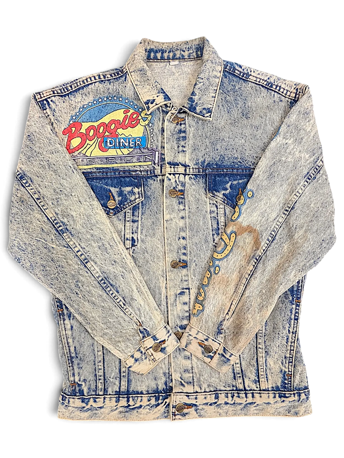 JAKE & IPI vintage acid wash denim jacket with Boogie Diner graphic on chest and sleeve detail