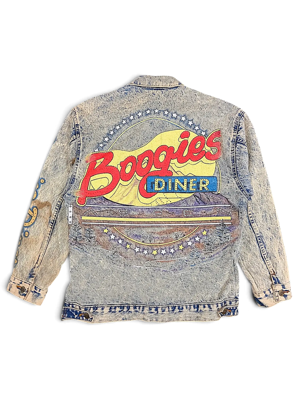 JAKE & IPI vintage acid wash denim jacket featuring a large Boogies Diner Aspen graphic on the back