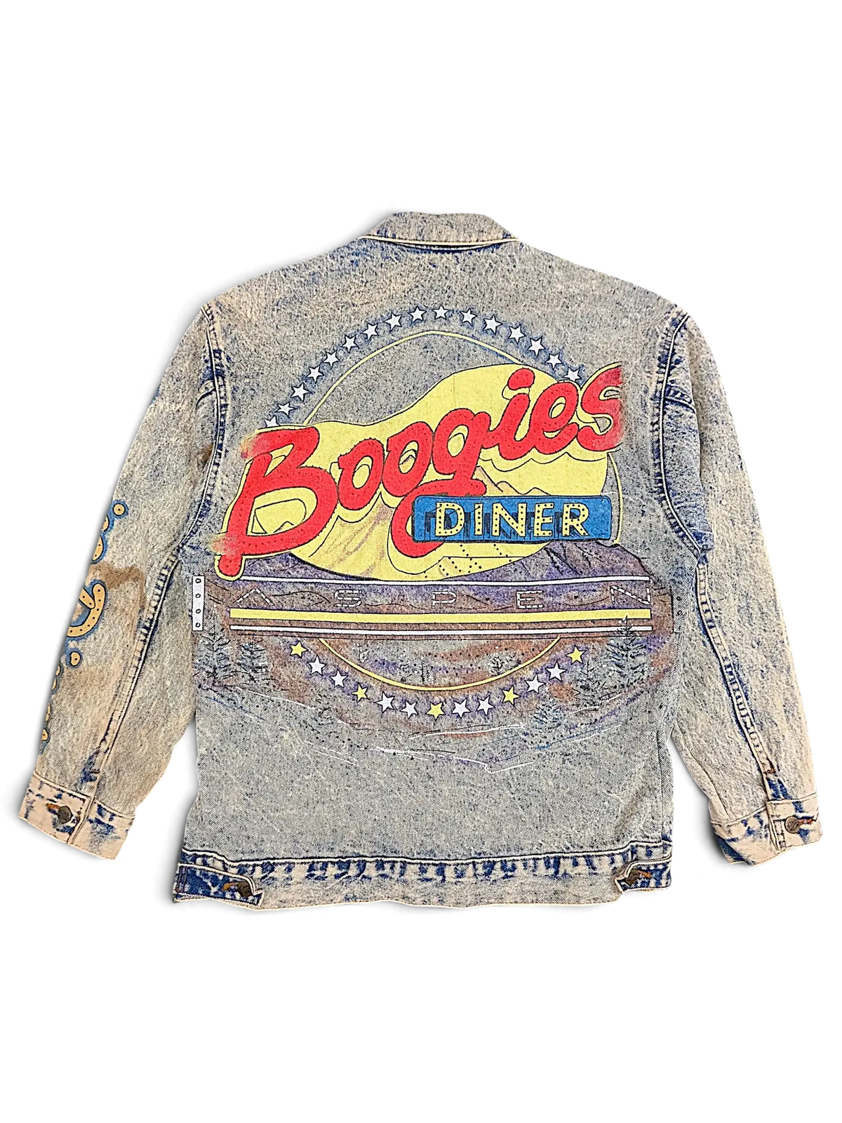 JAKE & IPI vintage acid wash denim jacket featuring a large Boogies Diner Aspen graphic on the back