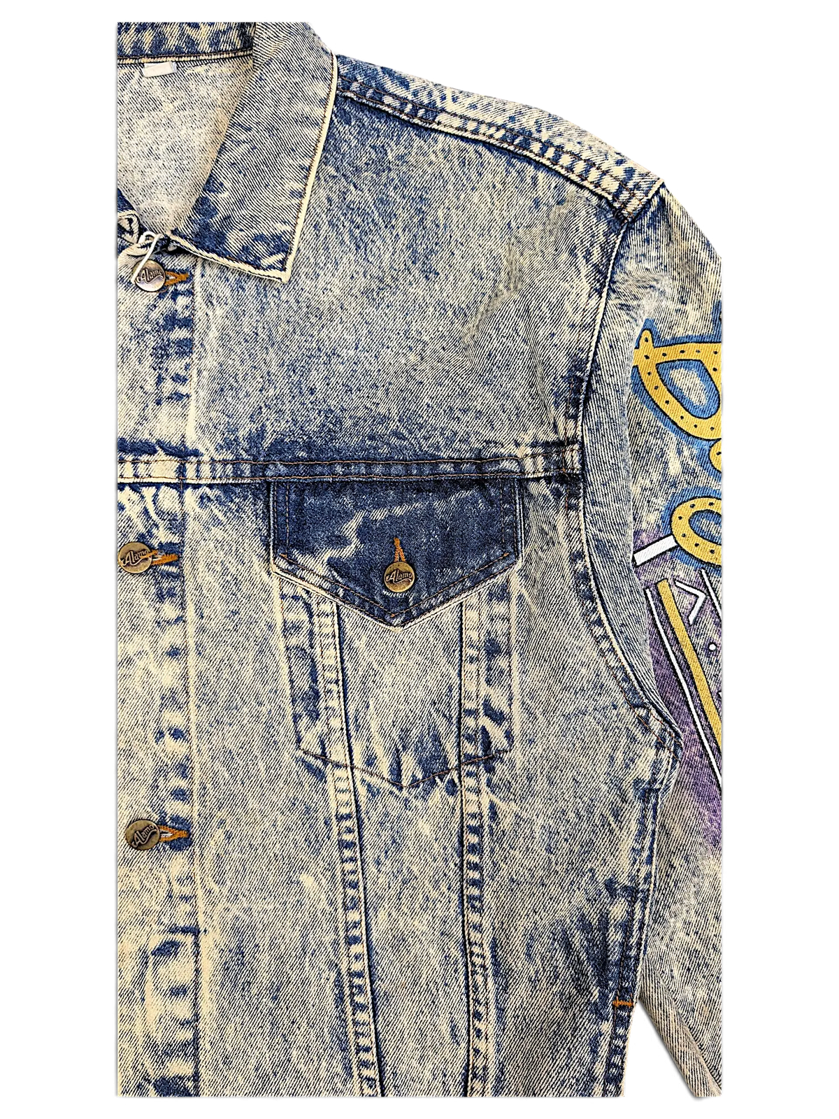 JAKE & IPI Alamo Boogies Diner acid wash denim jacket with button-down chest pocket and vintage graphic sleeve detail