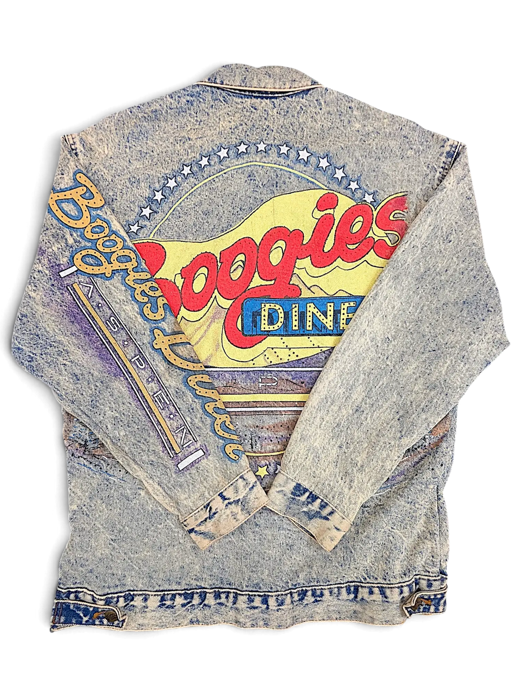JAKE & IPI vintage acid wash denim jacket featuring a colourful Boogies Diner Aspen graphic on the back