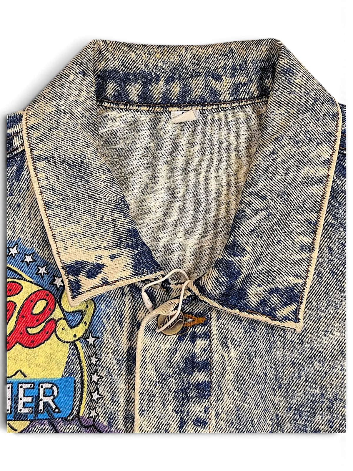 JAKE & IPI Alamo Boogies Diner acid wash denim jacket with classic collar and vintage graphic detail