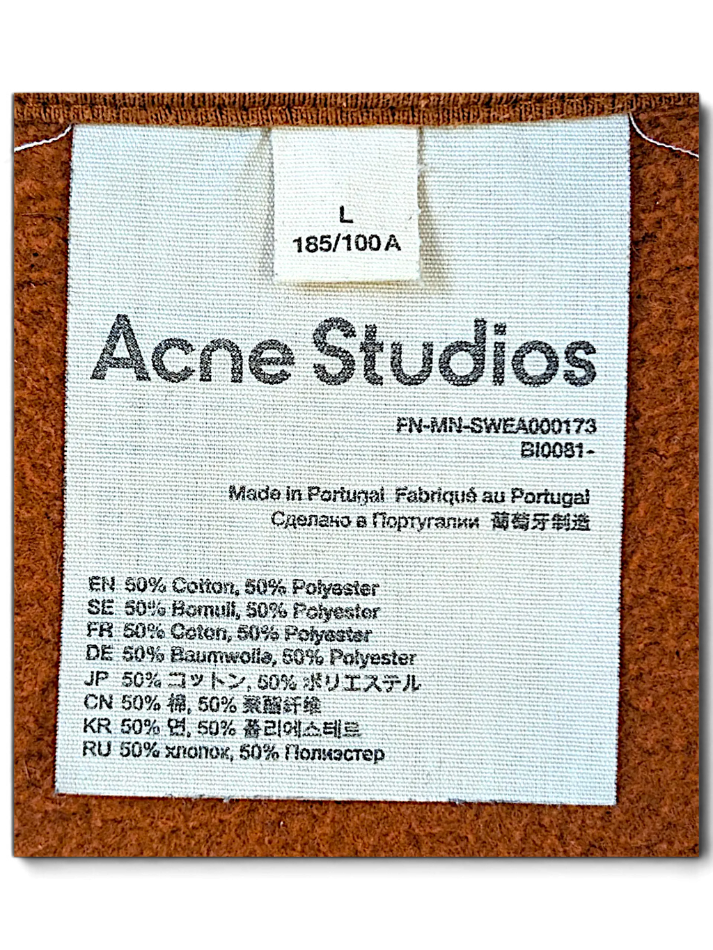 JAKE & IPI Acne Studios brown sweatshirt interior care label with size L and cotton-polyester fabric composition