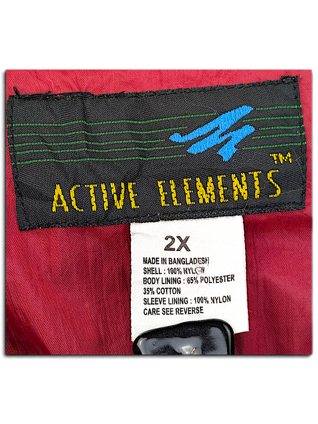 Active Elements Black and Red Stripe Windbreaker; Active Elements label showing size 2X and fibre composition.