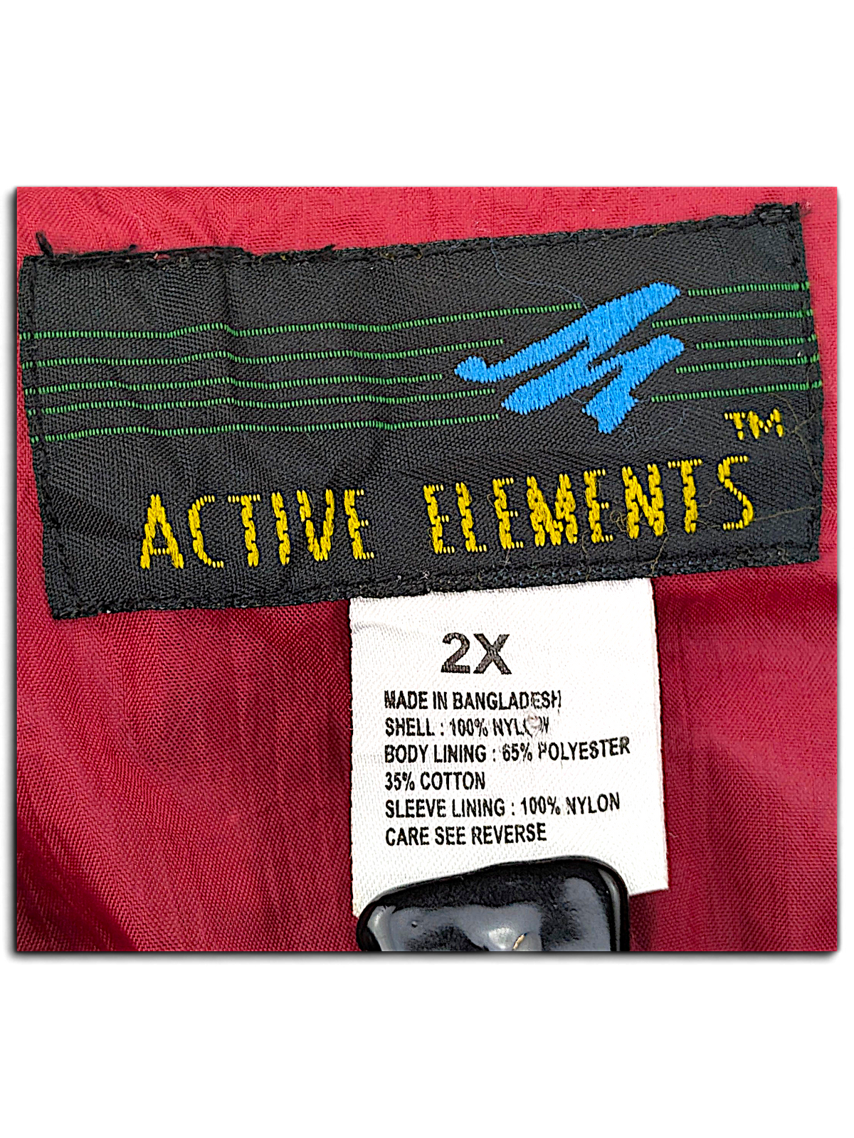 Active Elements Black and Red Stripe Windbreaker; Active Elements label showing size 2X and fibre composition.