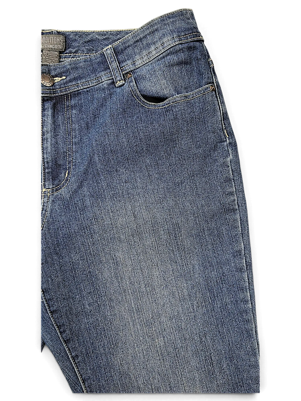 JAKE & IPI Additions by Chico's blue denim shorts featuring a classic five-pocket design and metal button closure.