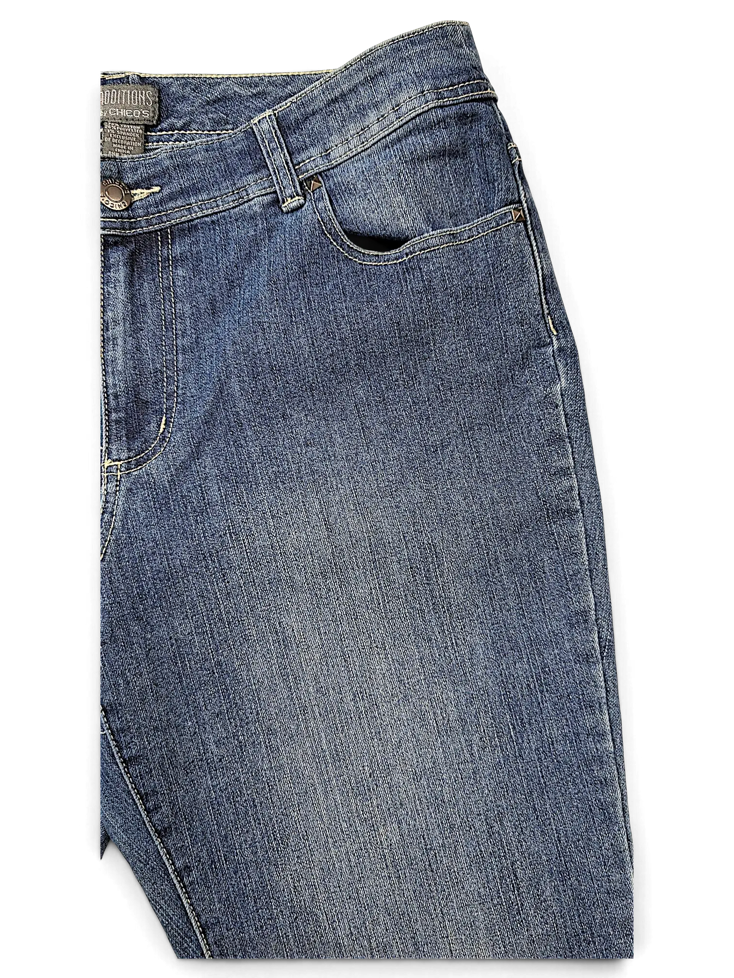 JAKE & IPI Additions by Chico's blue denim shorts featuring a classic five-pocket design and metal button closure.