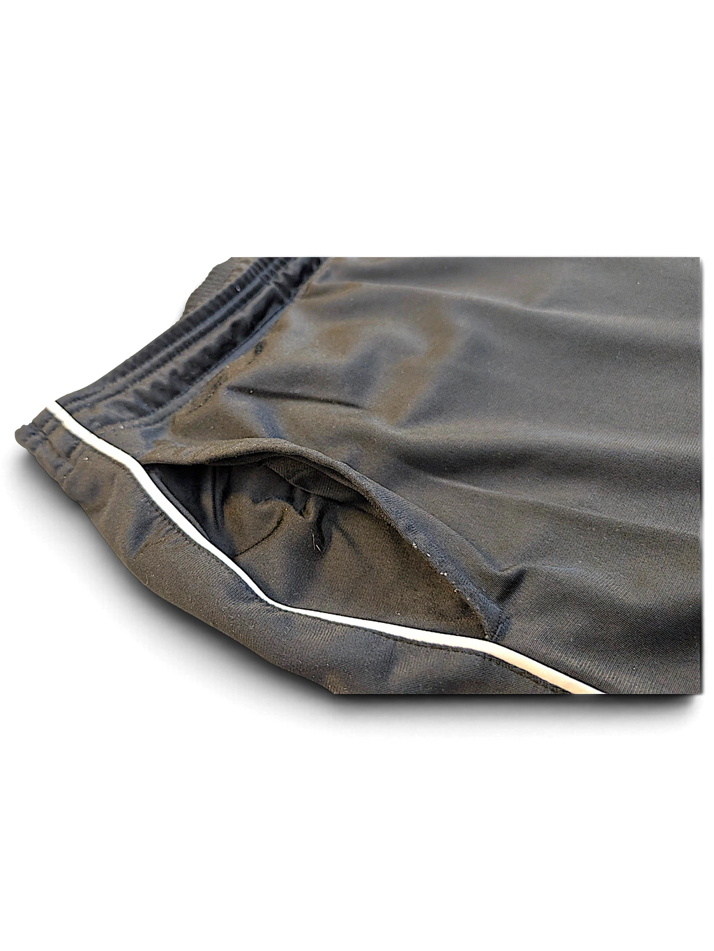 JAKE & IPI pre-owned adidas black track pants featuring a white side stripe detail and side pocket