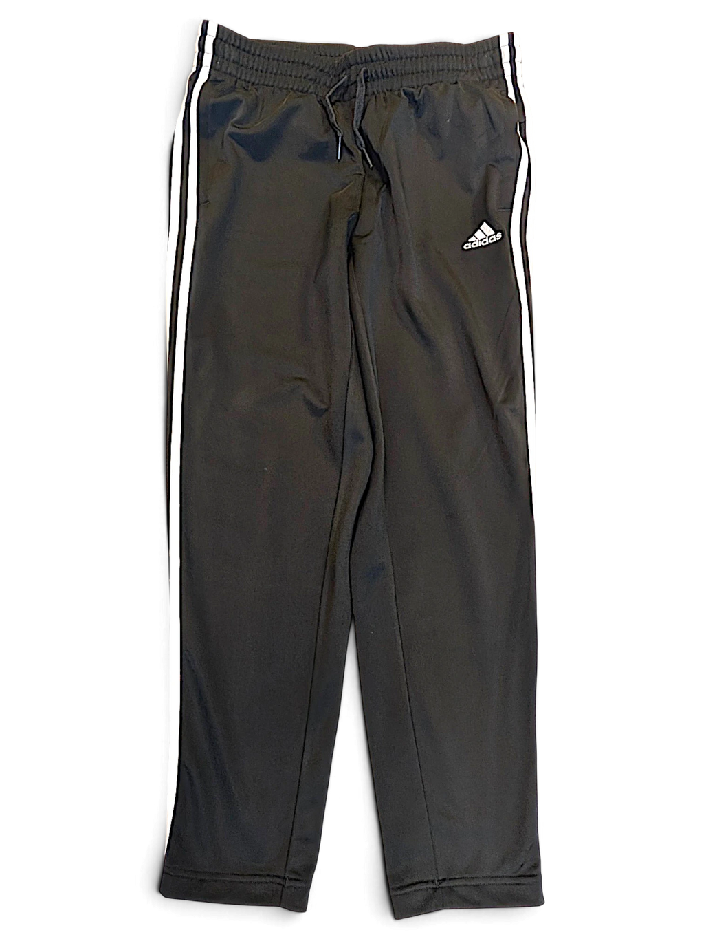 JAKE & IPI pre-owned black adidas track pants with signature white 3-stripes and a tapered silhouette