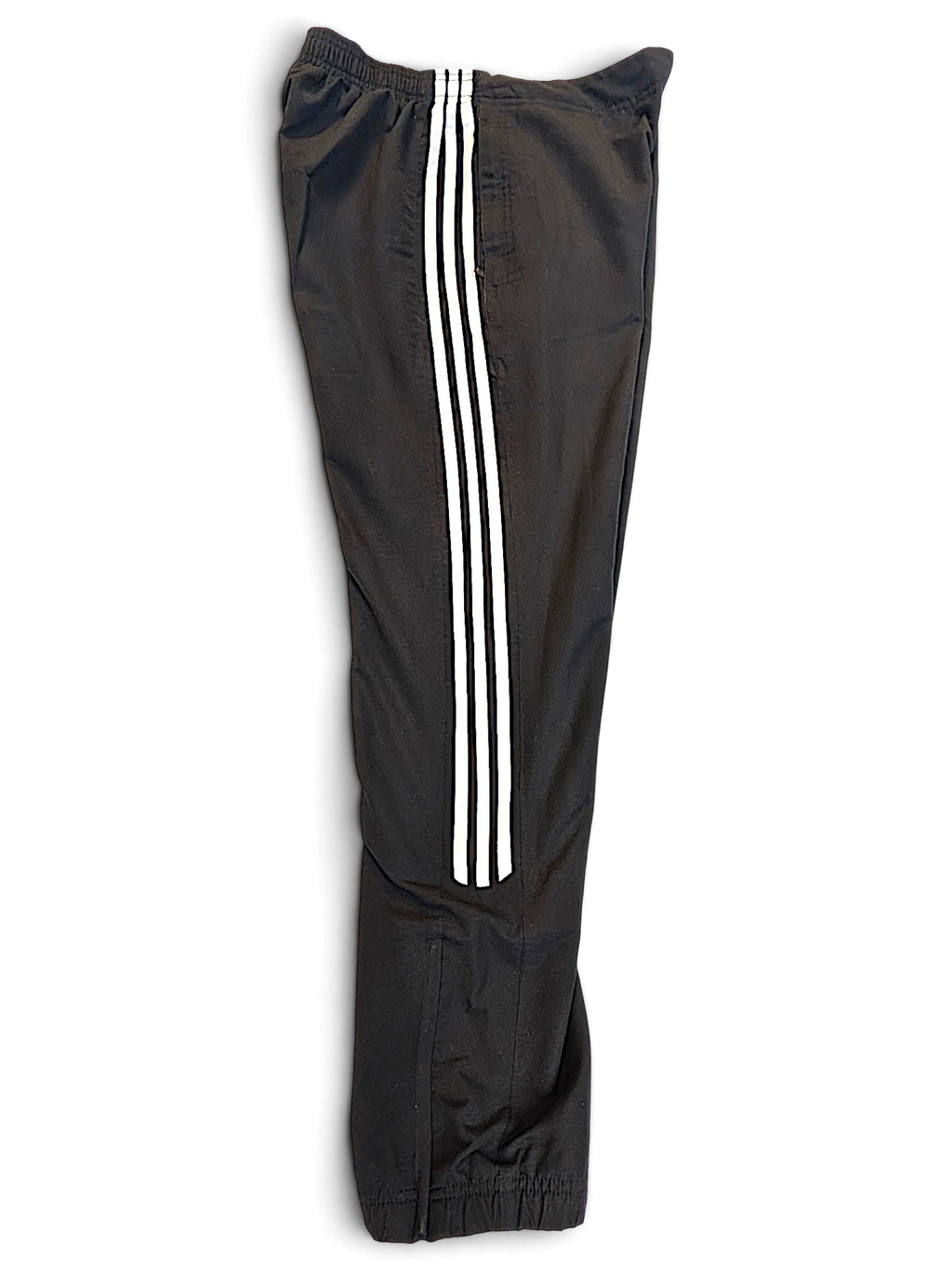 JAKE & IPI pre-owned black adidas track pants with signature white 3-stripes and a tapered leg silhouette