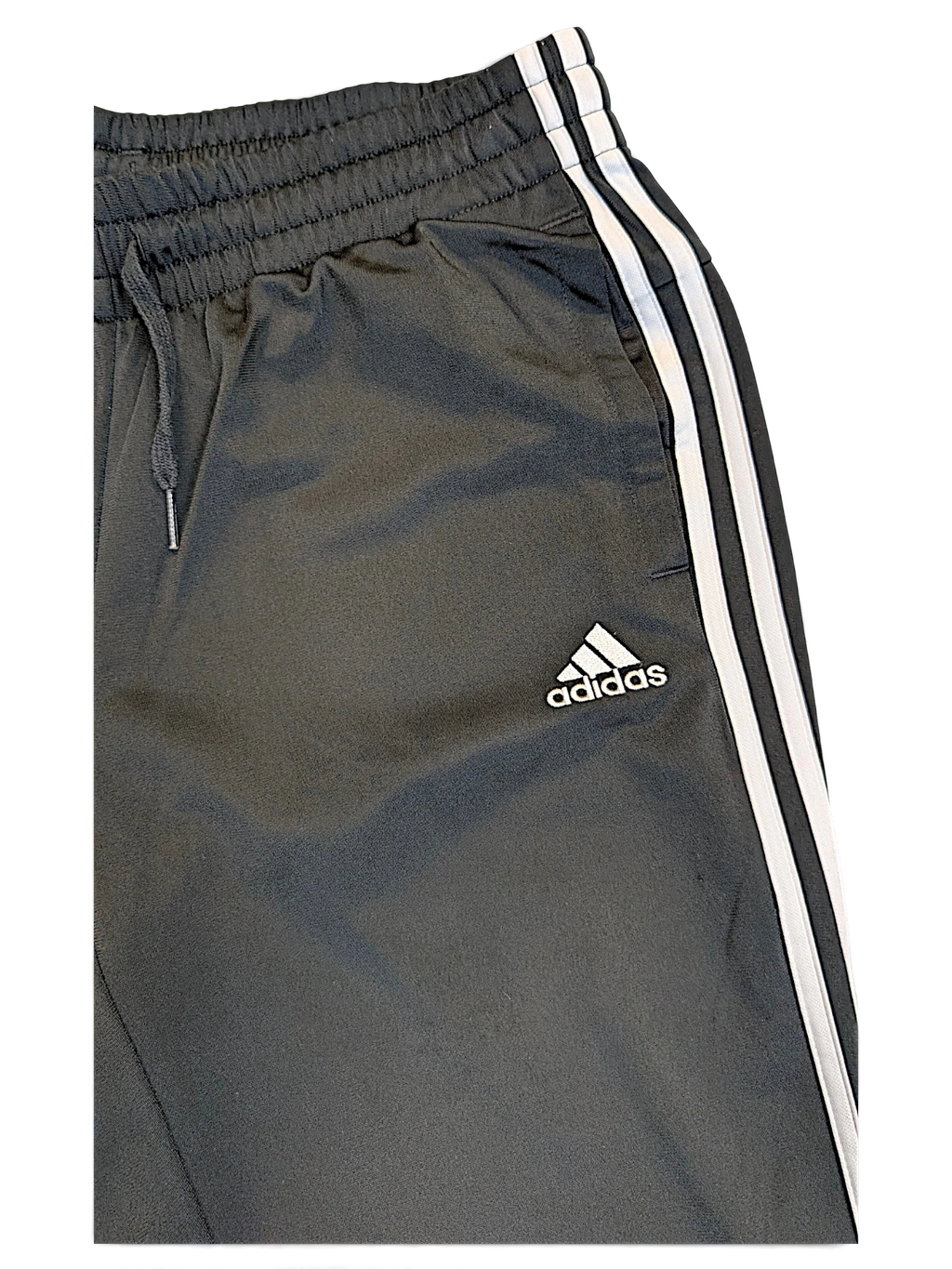 JAKE & IPI pre-owned black adidas track pants with signature white 3-stripes and an elastic drawstring waistband.