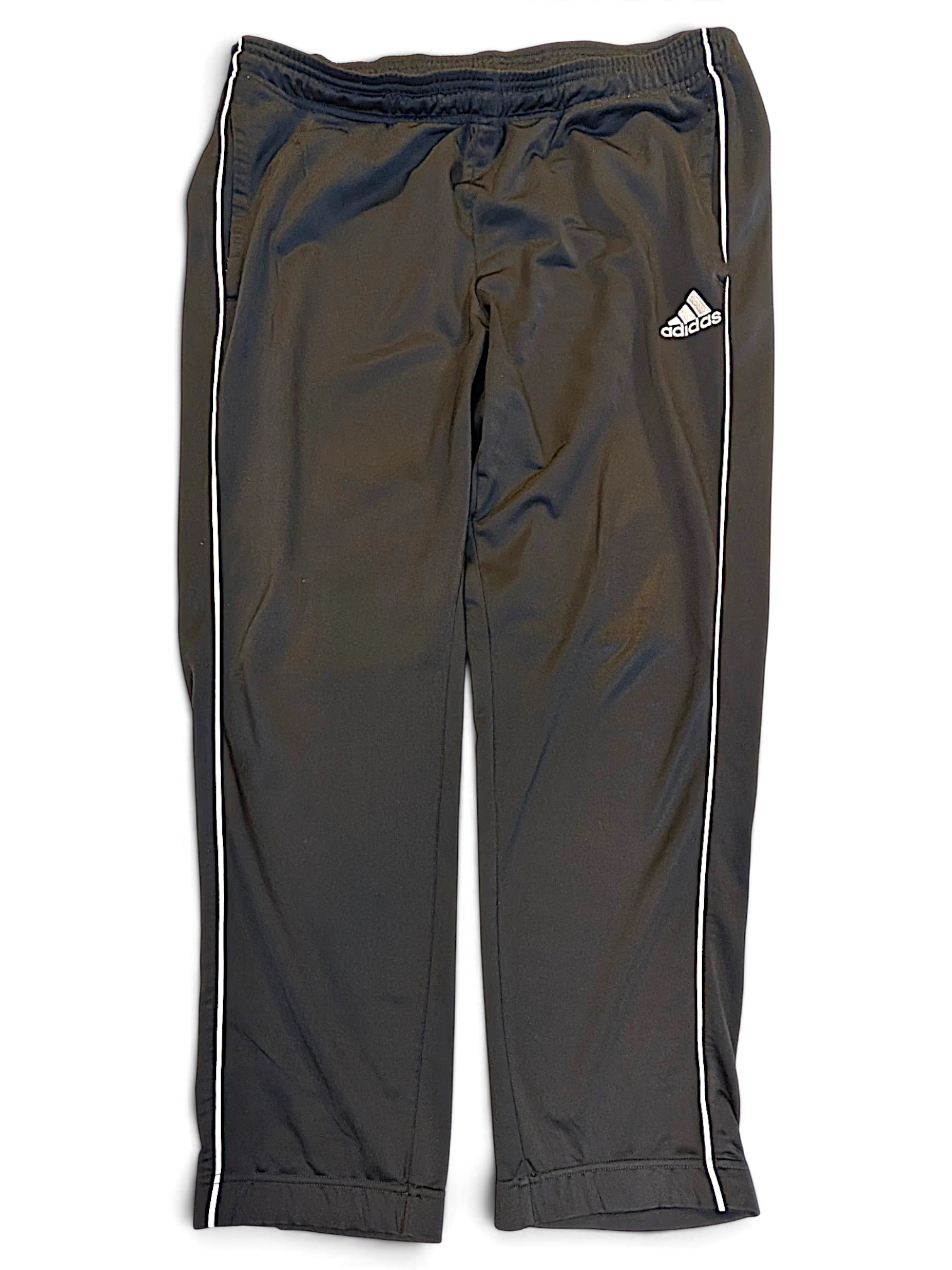 JAKE & IPI pre-owned black adidas track pants with white side stripes and elasticated waistband in size XL