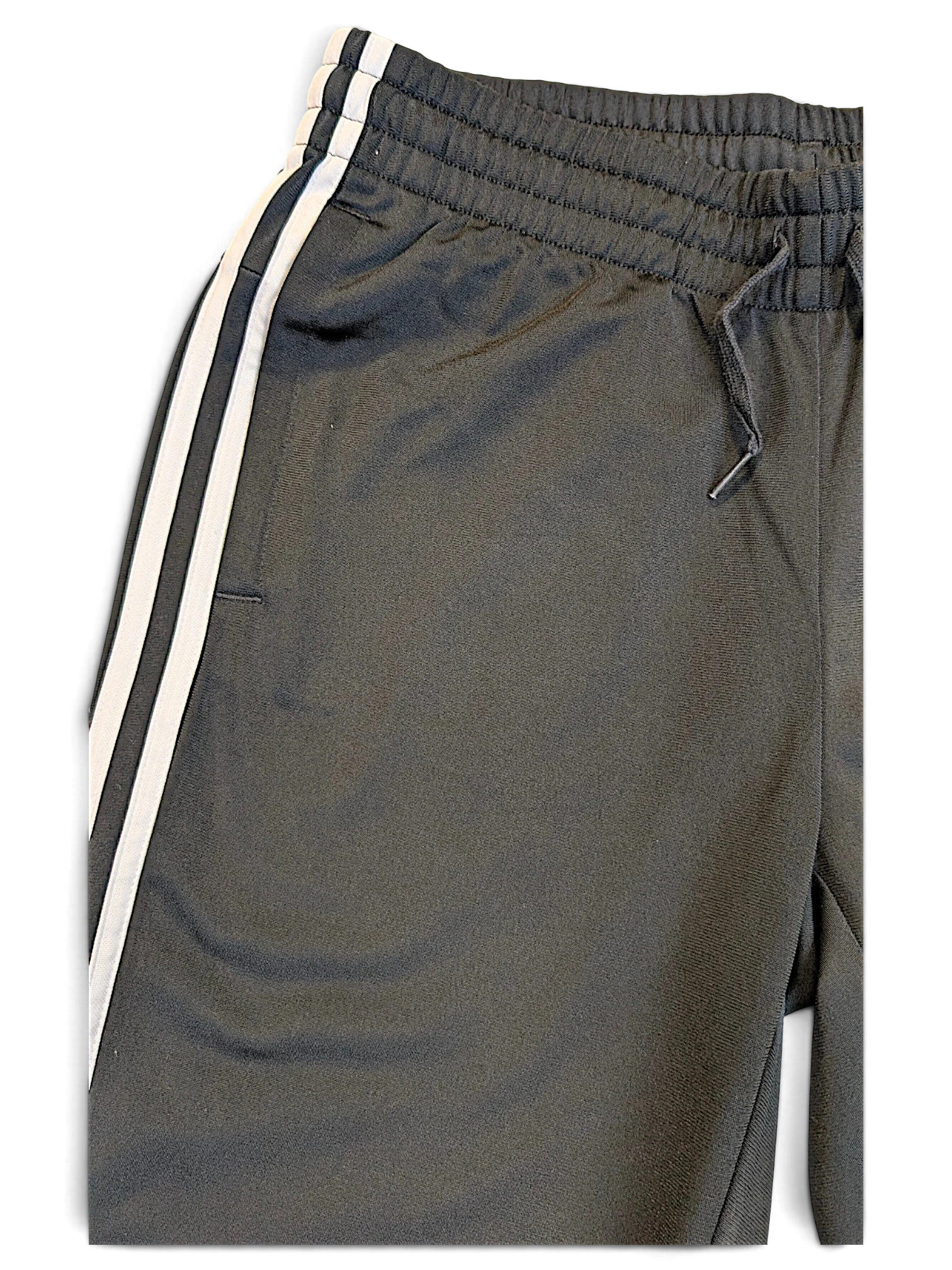 JAKE & IPI pre-owned adidas black track pants with signature white 3-stripes and an elastic drawstring waistband.
