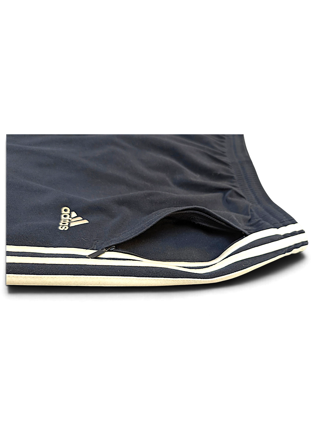 JAKE & IPI pre-owned blue adidas velour track pants with white side stripes and embroidered logo on the pocket