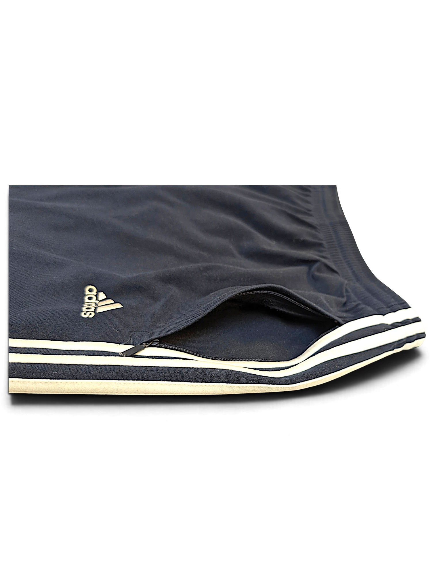 JAKE & IPI pre-owned blue adidas velour track pants with white side stripes and embroidered logo on the pocket