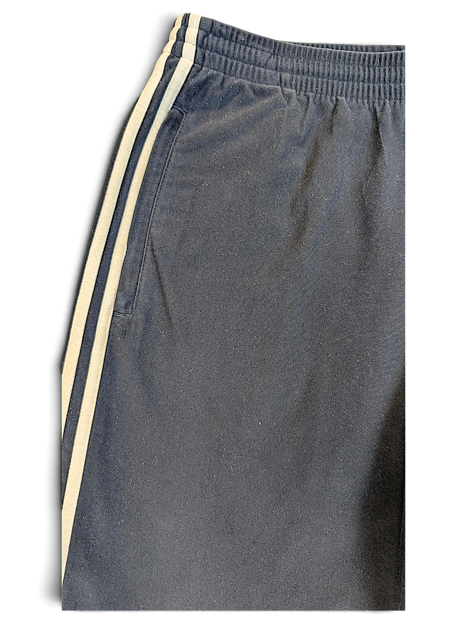 JAKE & IPI pre-owned blue adidas velour track pants with signature white side stripes and an elasticated waistband.
