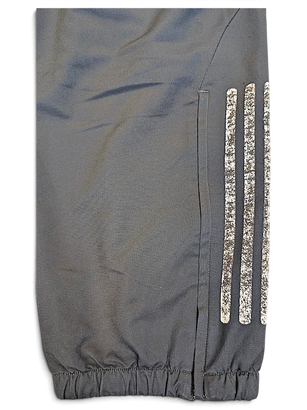 JAKE & IPI pre-owned adidas dark grey track pants featuring white 3-Stripes with a distressed, worn-in finish
