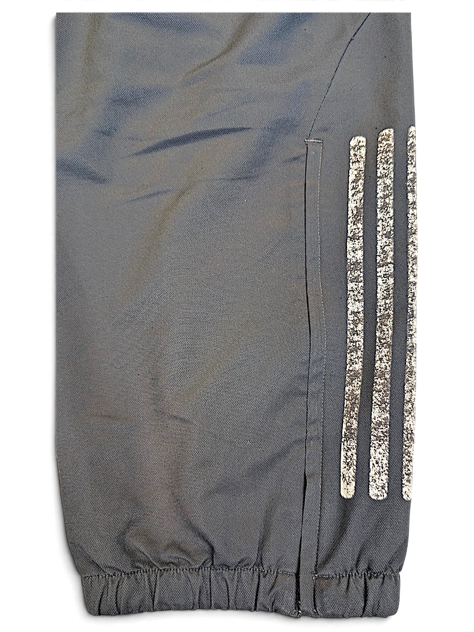 JAKE & IPI pre-owned adidas dark grey track pants featuring white 3-Stripes with a distressed, worn-in finish