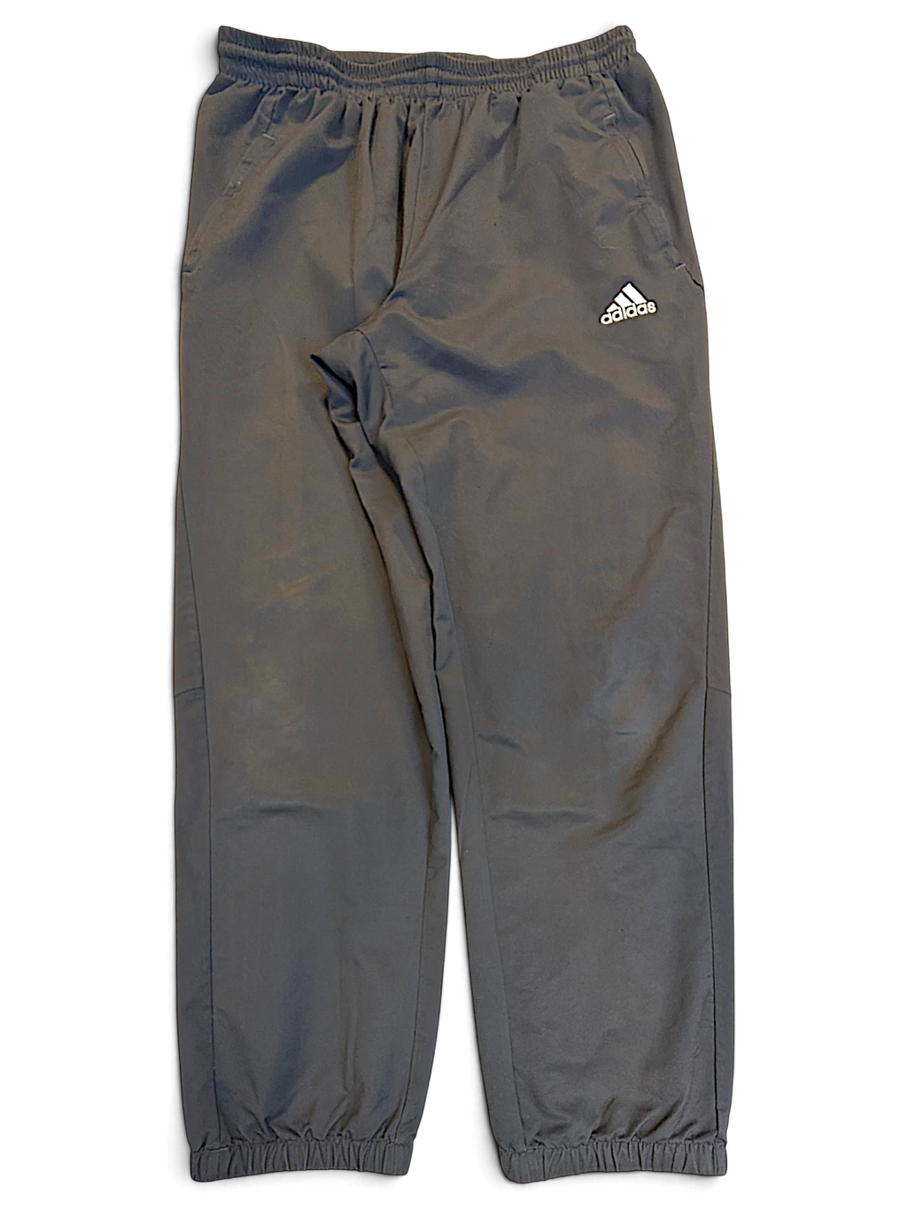JAKE & IPI pre-owned adidas dark grey track pants with white logo and distressed finish