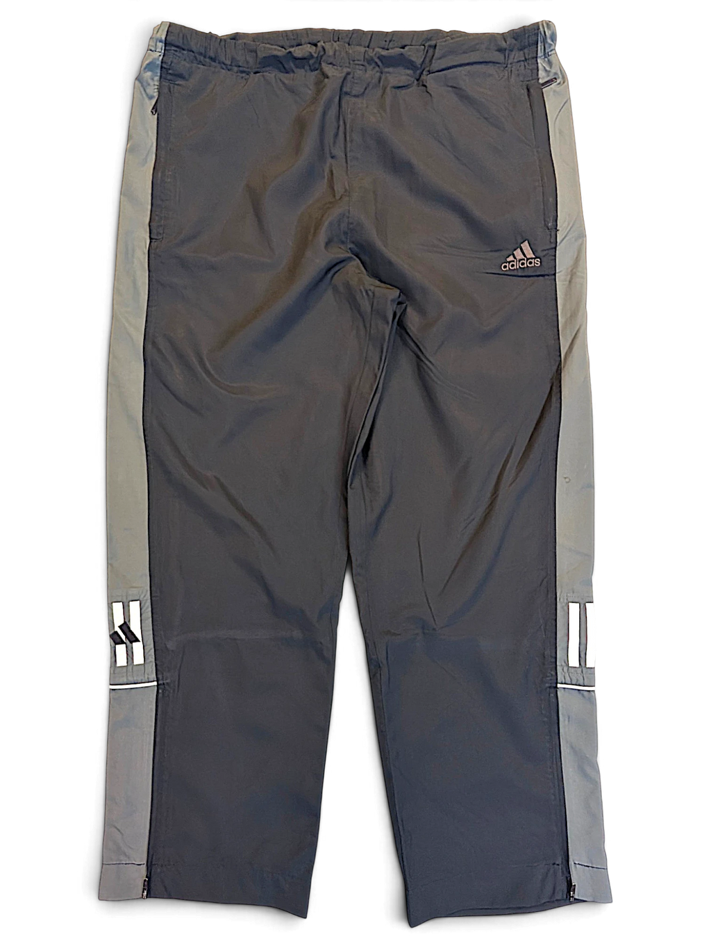 JAKE & IPI pre-owned adidas navy and grey track pants with contrast side panels and embroidered logo branding
