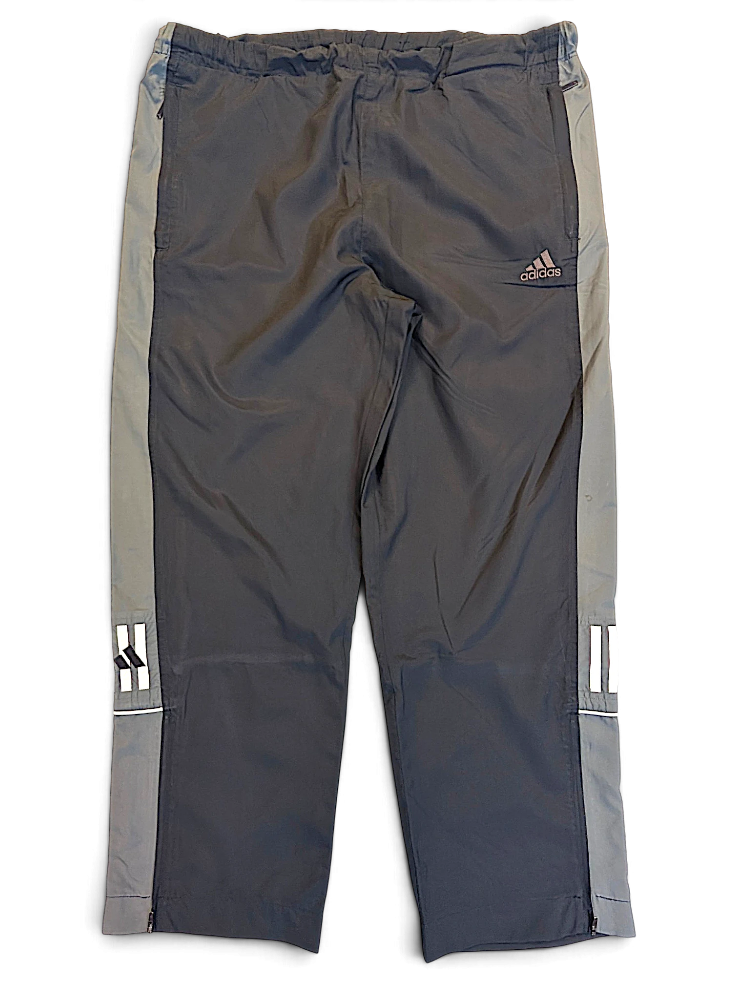 JAKE & IPI pre-owned adidas navy and grey track pants with contrast side panels and embroidered logo branding