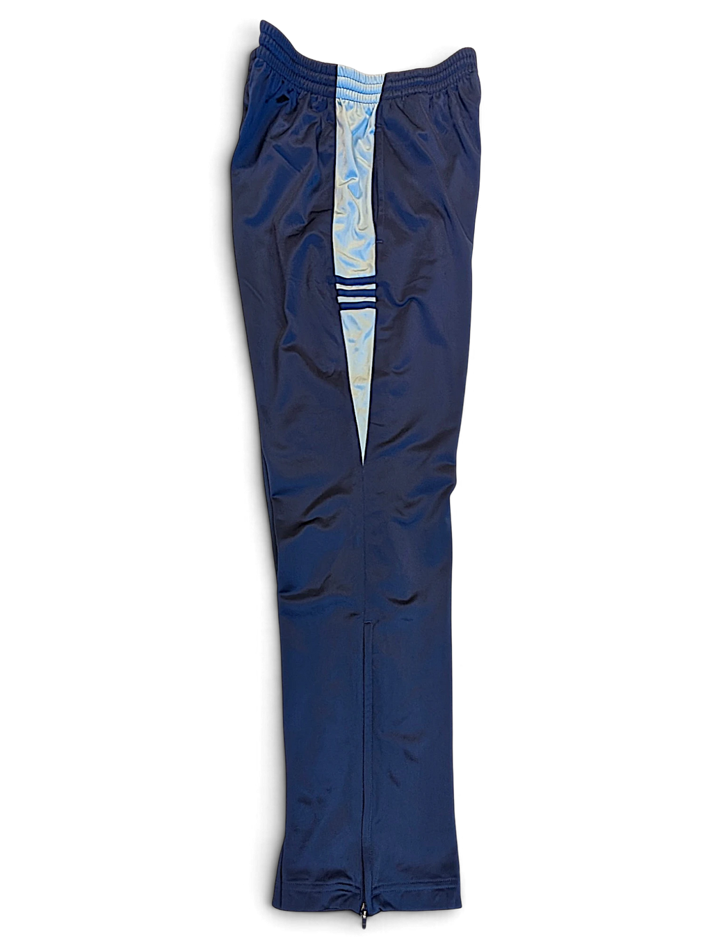 JAKE & IPI adidas navy and light blue track pants with contrast side panels and piping detail.