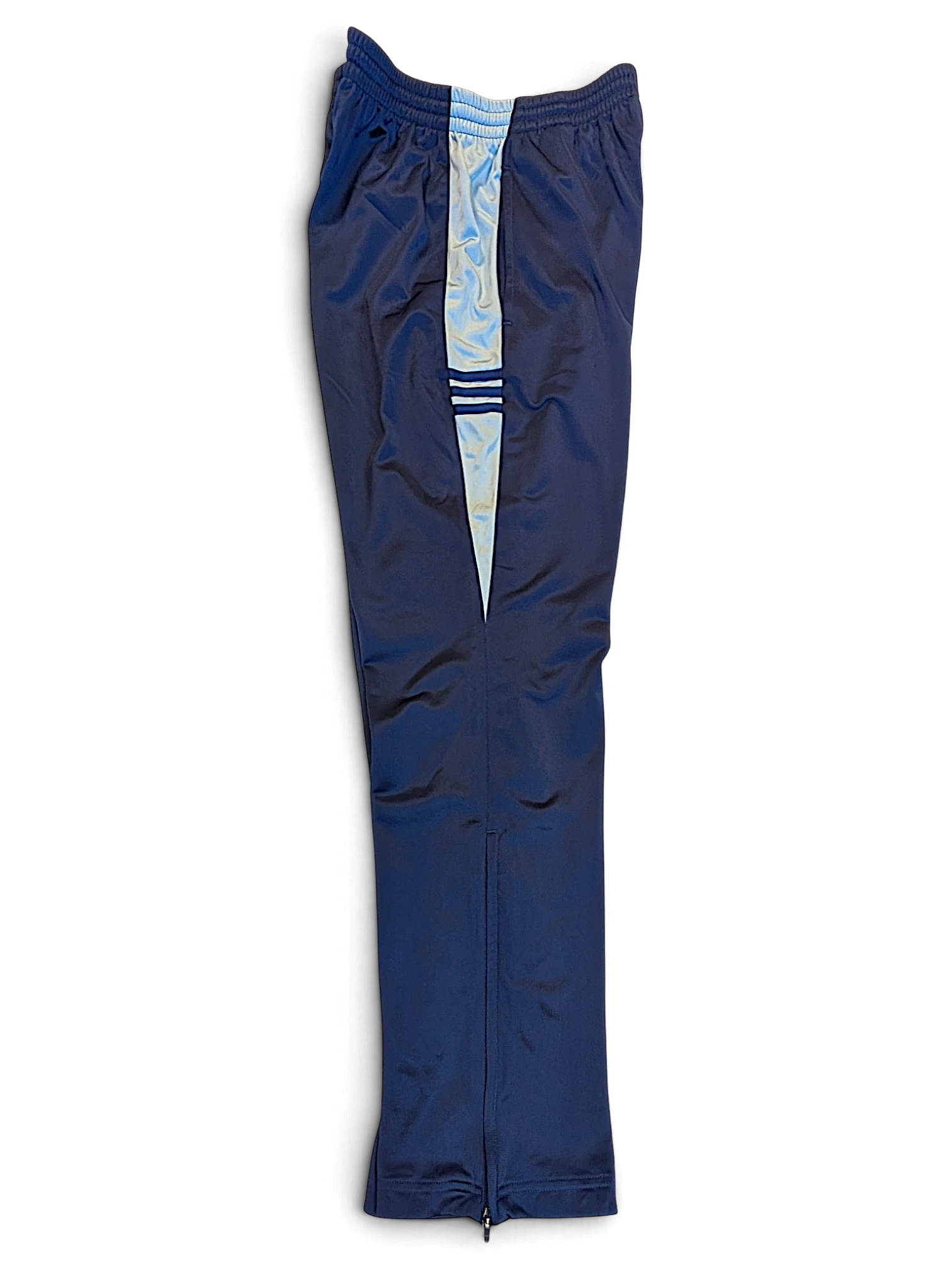 JAKE & IPI adidas navy and light blue track pants with contrast side panels and piping detail.