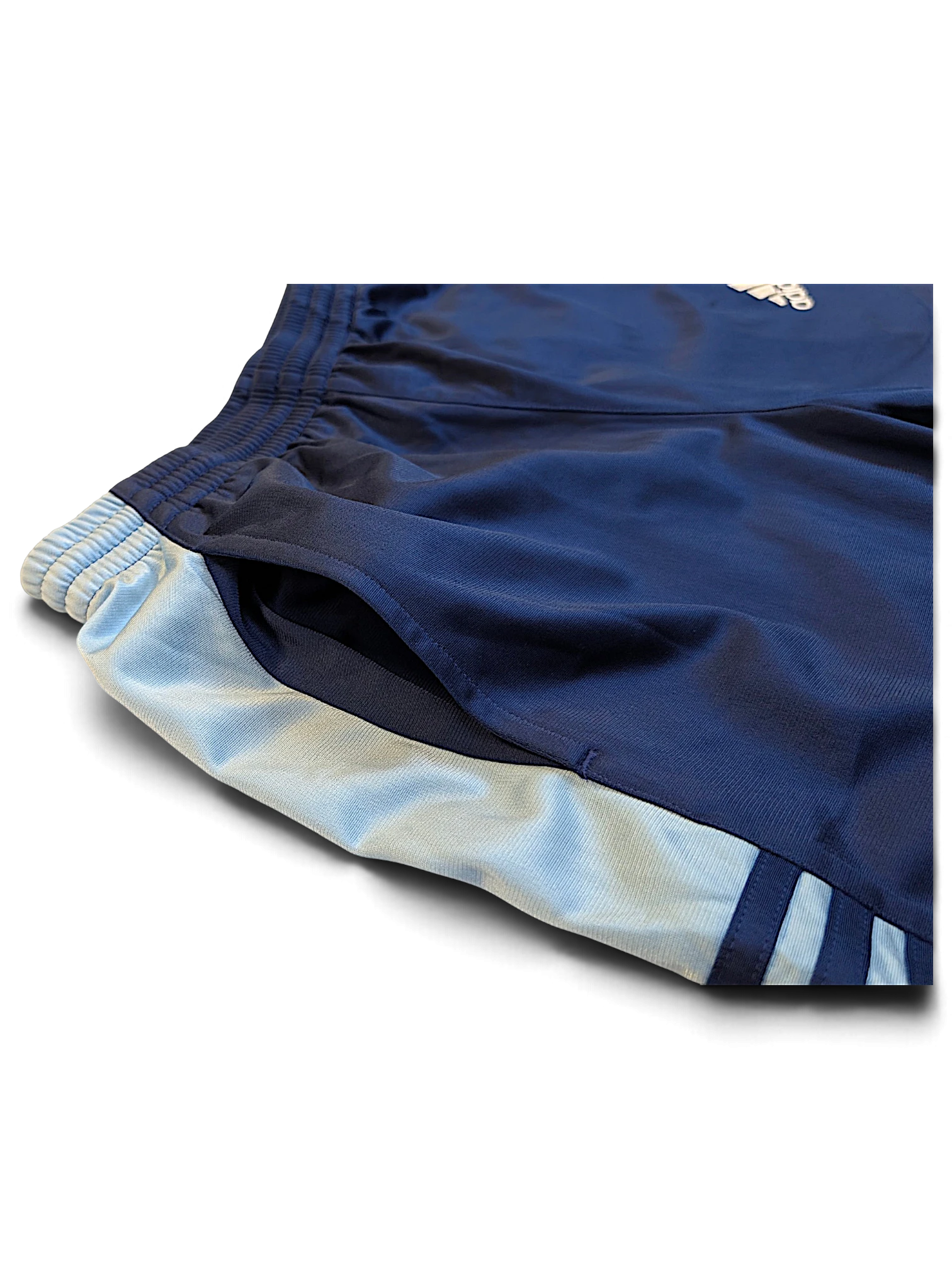 JAKE & IPI adidas navy and light blue track pants featuring contrast side panels and elasticated waistband