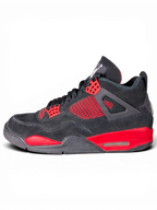 JAKE & IPI Air Jordan 4 Red Thunder sneakers in black and red suede with visible wear on a black background