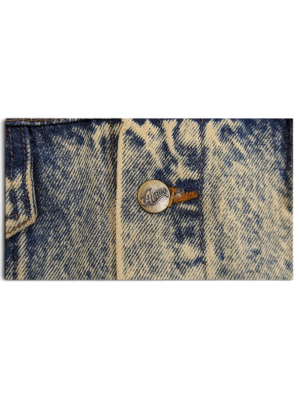 JAKE & IPI Alamo Boogies Diner denim jacket featuring a vintage acid wash finish and custom branded metal button.