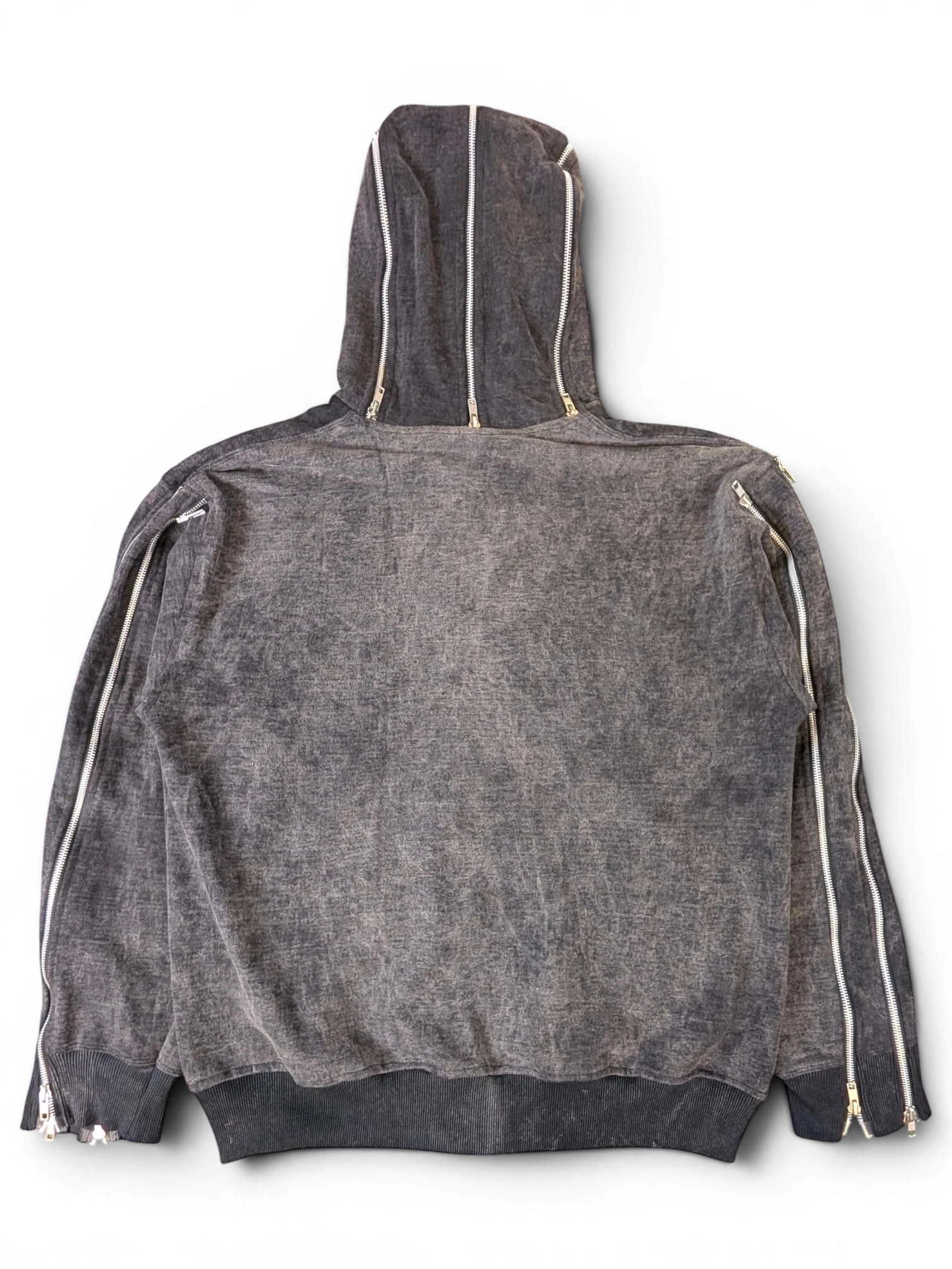 JAKE & IPI Alarikco charcoal grey acid wash hoodie with full-length silver zipper details along the hood and sleeves