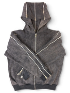 JAKE & IPI Alarikco charcoal grey zip-up hoodie with multiple silver zipper details along the hood and sleeves