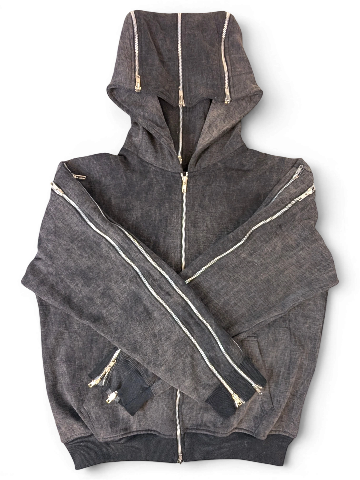 JAKE & IPI Alarikco charcoal grey zip-up hoodie with multiple silver zipper details along the hood and sleeves