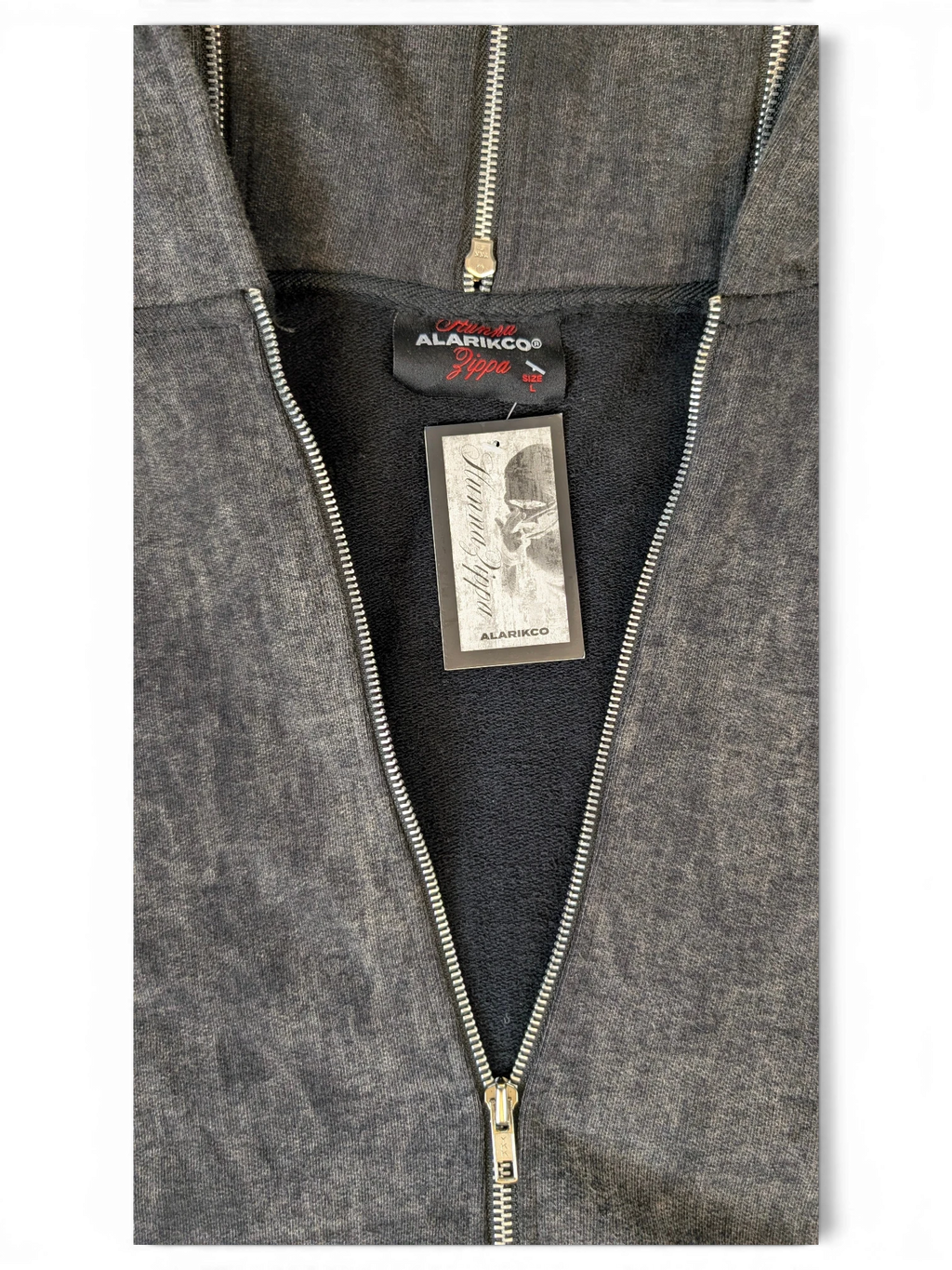 JAKE & IPI Alarikco charcoal grey zip-up hoodie with fleece lining and branded neck label