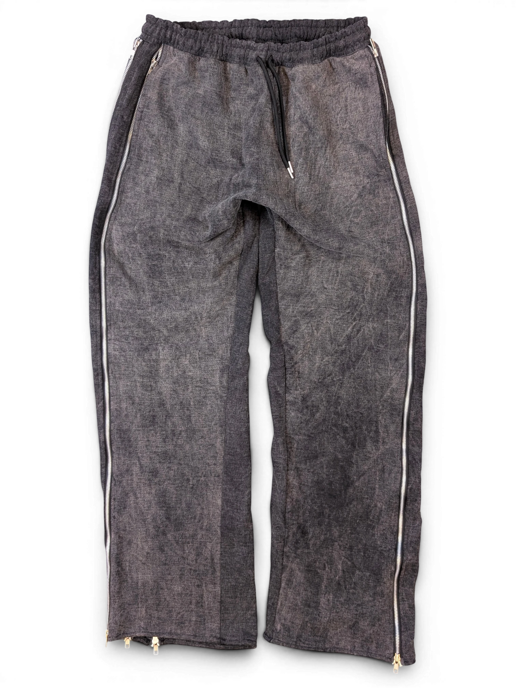 JAKE & IPI Alarikco charcoal grey track pants with full-length side zippers and an elastic drawstring waist.