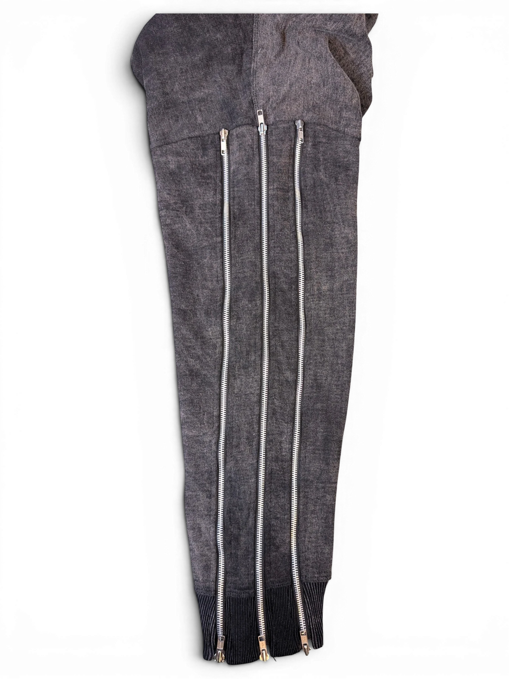 JAKE & IPI Alarikco track suit pants in charcoal grey with three vertical silver zippers and ribbed cuffs.