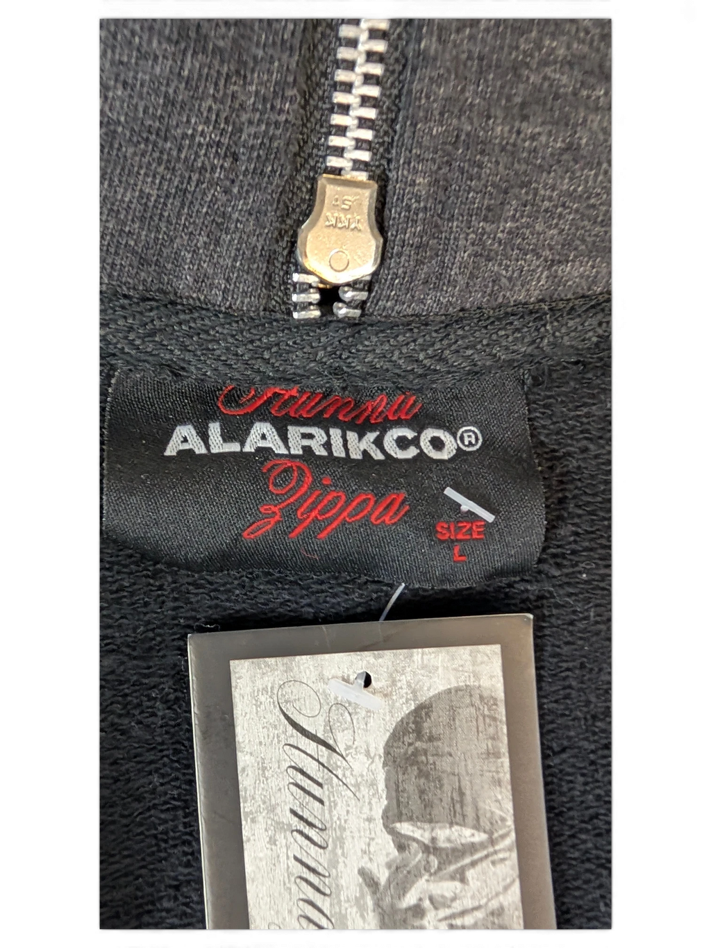JAKE & IPI Alarikco Zippa black track suit jacket label with silver YKK zipper and size L tag