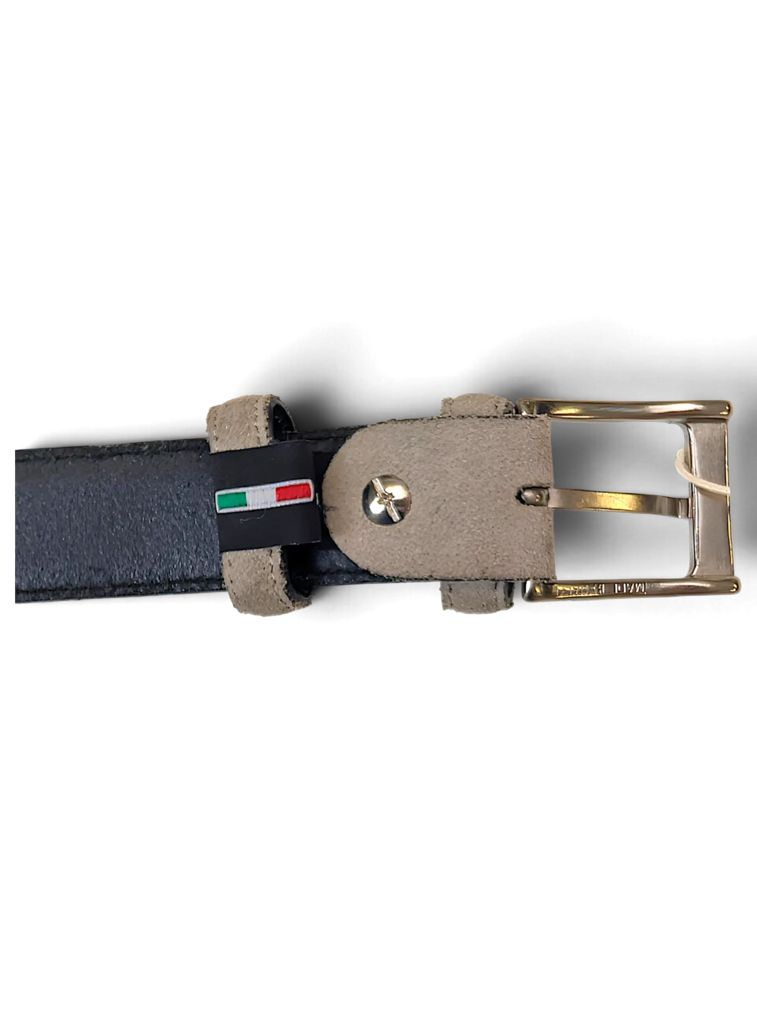 JAKE & IPI Amalia grey leather belt featuring a silver buckle and a small Italian flag detail on the loop.