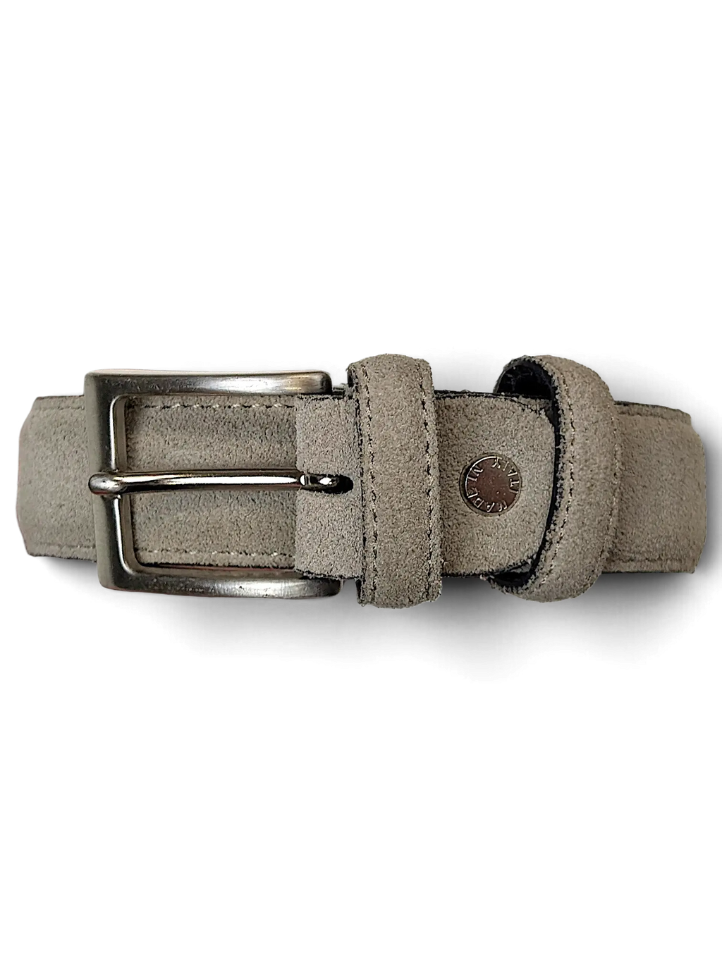 JAKE & IPI Amalia grey suede leather belt with a silver metal buckle and a small circular stud detail