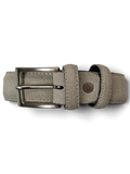 JAKE & IPI Amalia grey suede leather belt with a silver metal buckle and a small circular stud detail