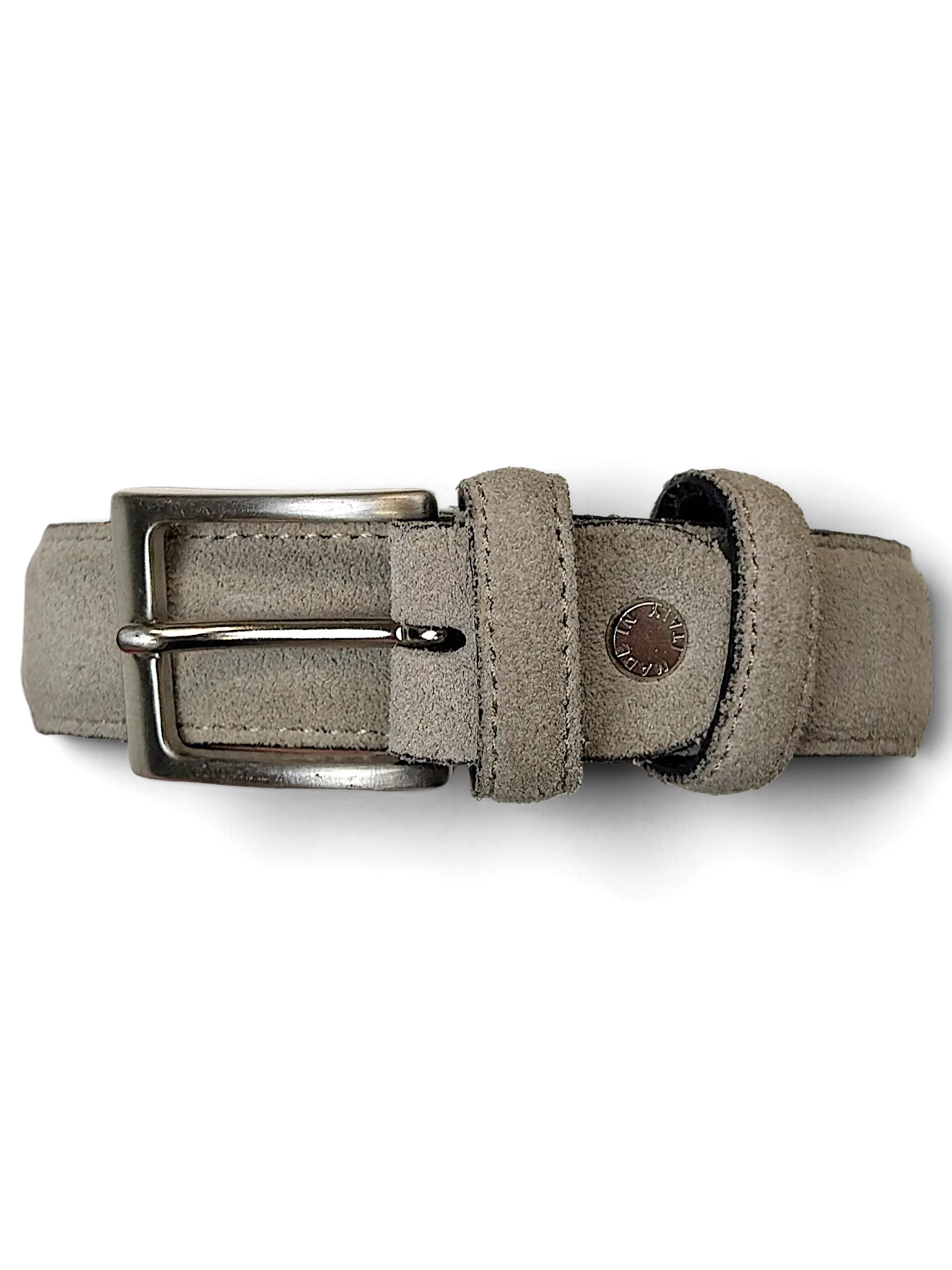 JAKE & IPI Amalia grey suede leather belt with a silver metal buckle and a small circular stud detail