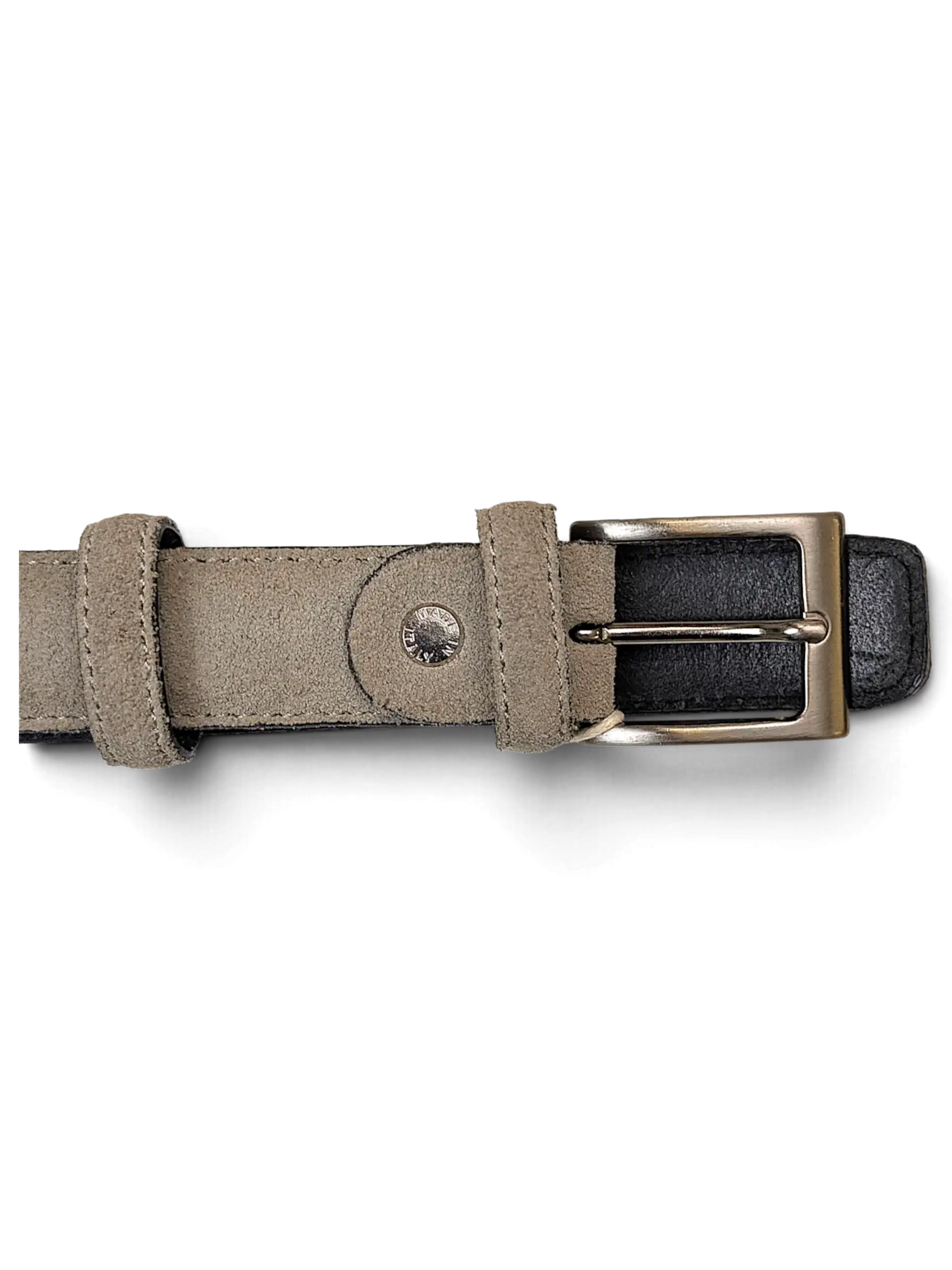 JAKE & IPI Amalia grey suede leather belt featuring a silver-toned metal buckle and matching leather keeper loop.