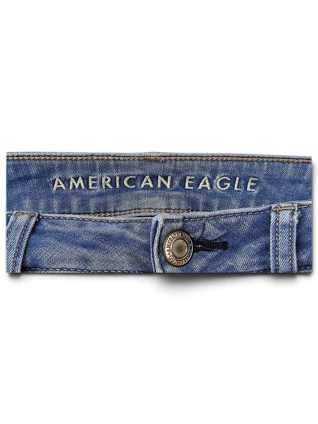 JAKE & IPI American Eagle Outfitters blue denim jeans waistband with embroidered logo and metal button detail