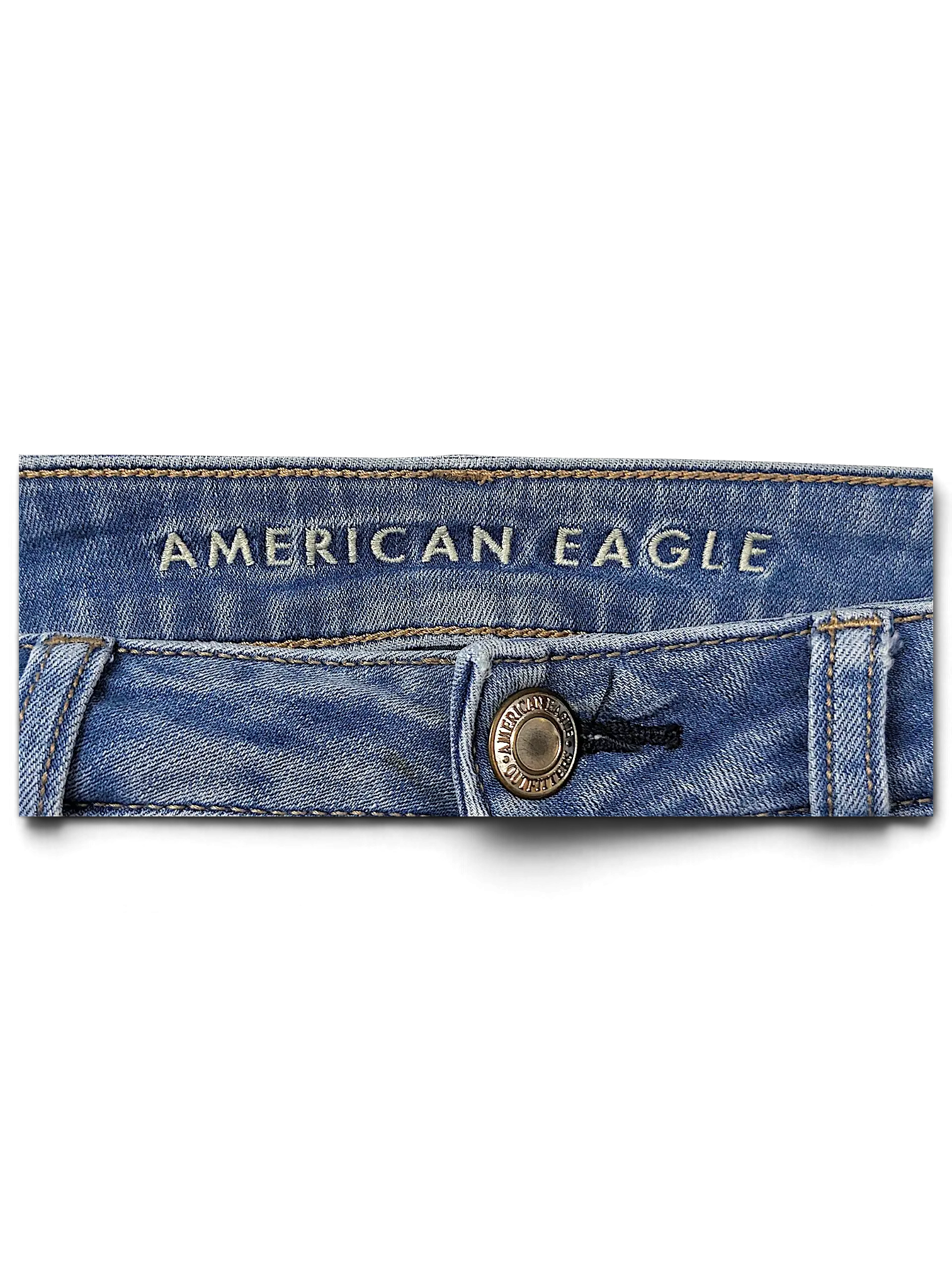 JAKE & IPI American Eagle Outfitters blue denim jeans waistband with embroidered logo and metal button detail