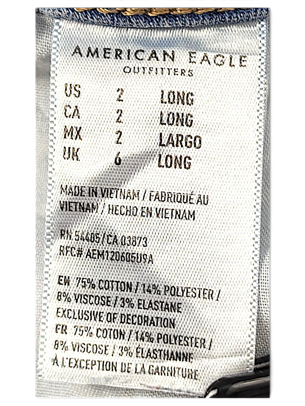 JAKE & IPI American Eagle Outfitters size 2 Long denim jeans fabric care and size label