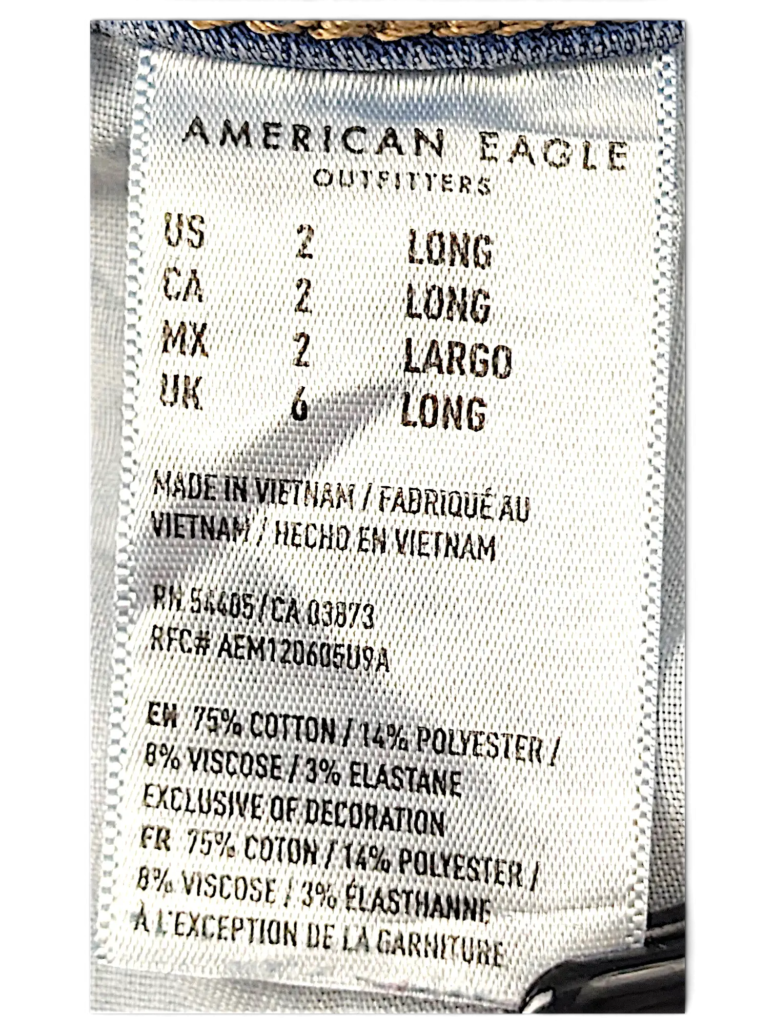 JAKE & IPI American Eagle Outfitters size 2 Long denim jeans fabric care and size label