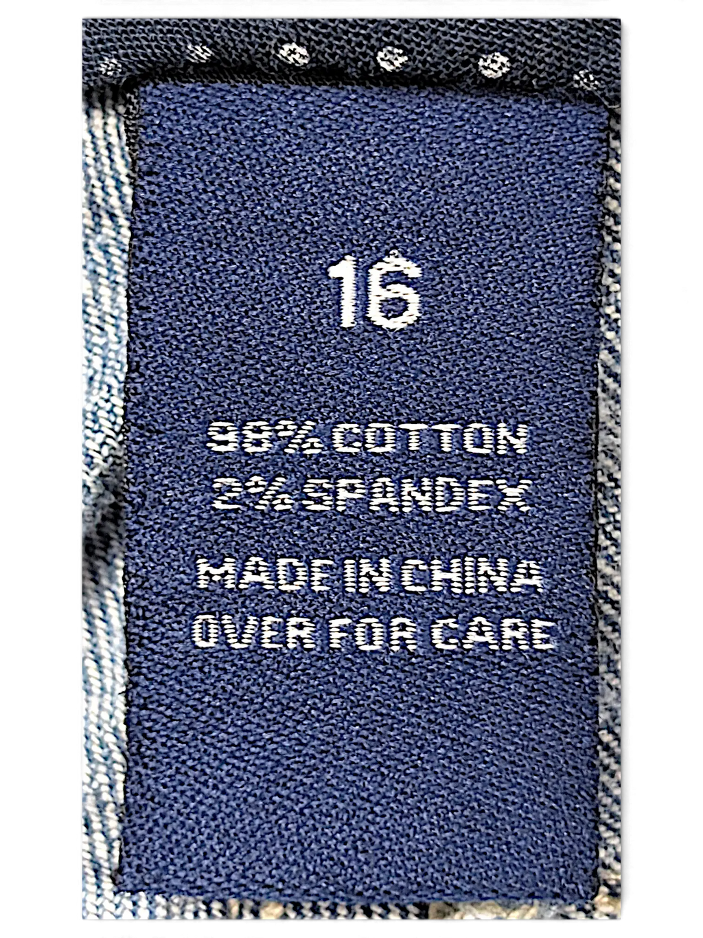 JAKE & IPI Amethyst Y2K jeans size 16 label showing 98 percent cotton and 2 percent spandex fabric composition
