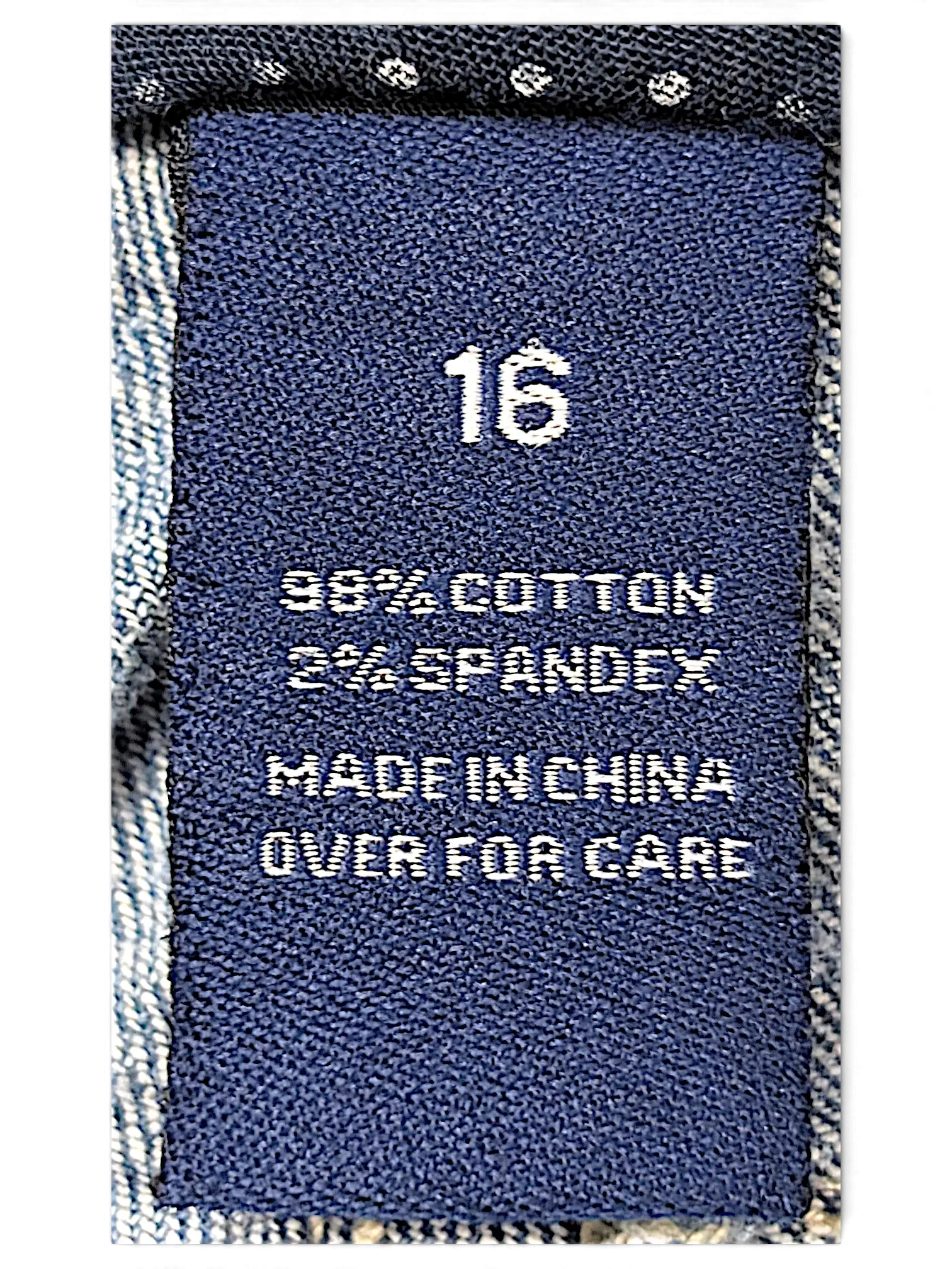 JAKE & IPI Amethyst Y2K jeans size 16 label showing 98 percent cotton and 2 percent spandex fabric composition